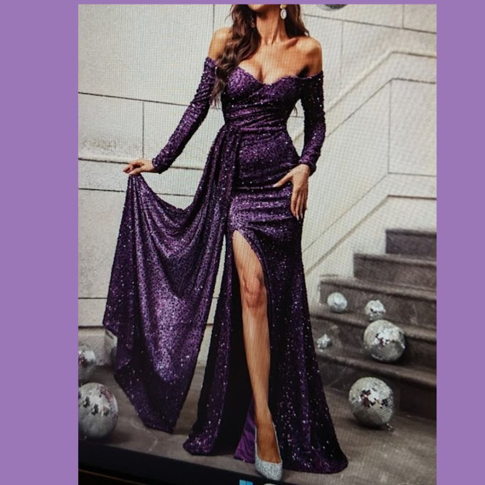 💜 Host Pick 💜Purple Sequence Long Sleeve, Off Shoulder Gown - NEW